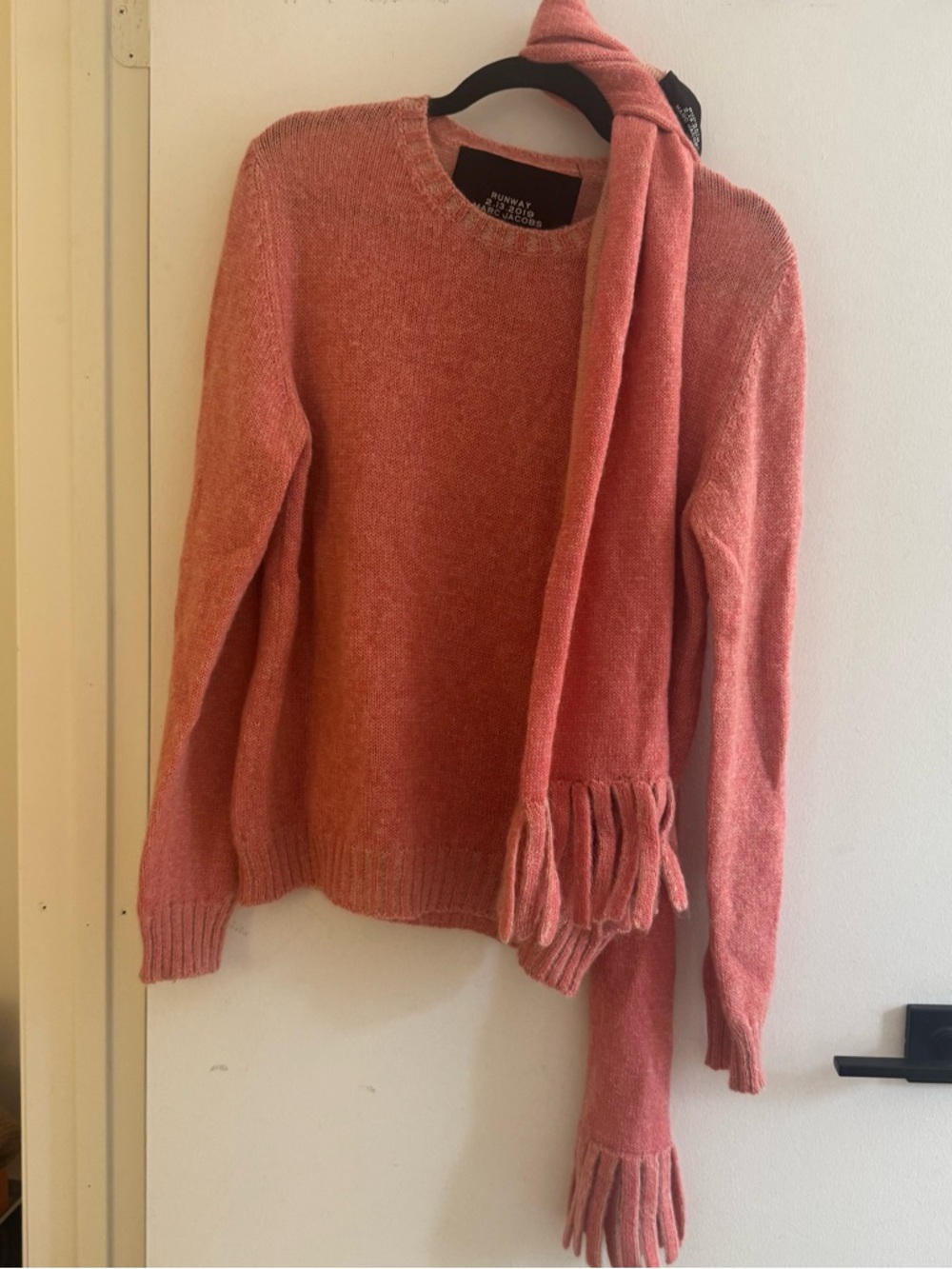Marc Jacobs Runway Coral Crewneck Sweater with Matching Fringe Scarf